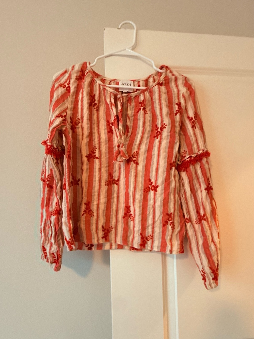 Misa Los Angeles Red & Cream Striped Embroidered Peasant Blouse - Picture 3 of 7